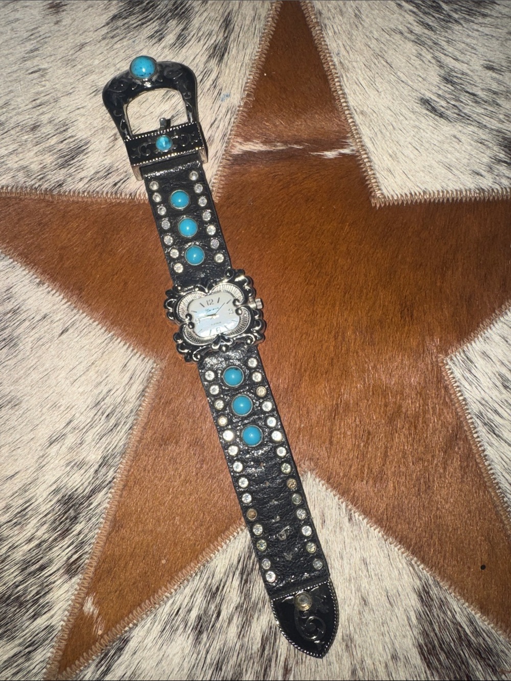 Turquoise Accent Black Western-Style Leather Watch Bracelet